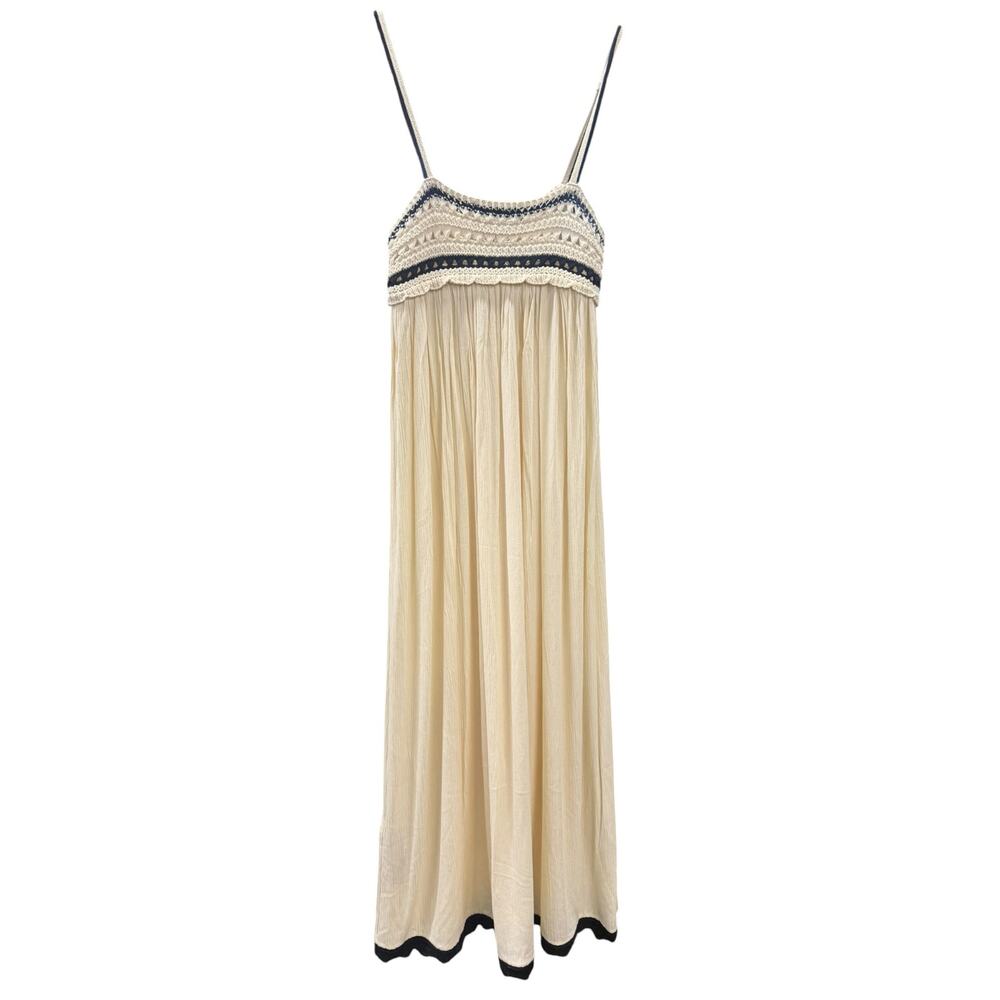 Zara Crochet Bodice Boho Maxi Dress Cream Black Strappy S - Picture 4 of 8